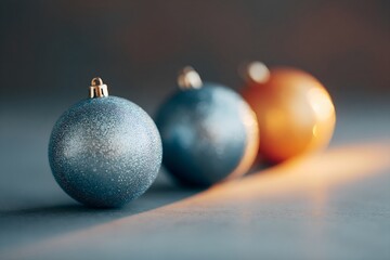 Fototapeta premium Close-up of three Christmas baubles arranged with shallow depth of field