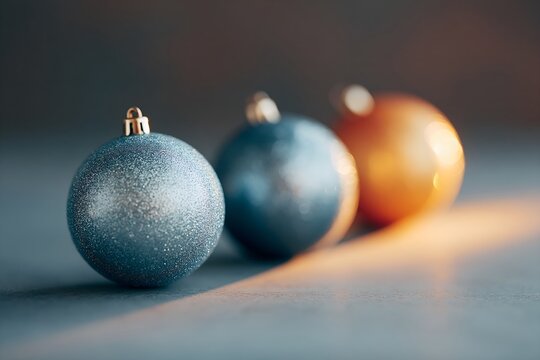 Close-up of three Christmas baubles arranged with shallow depth of field