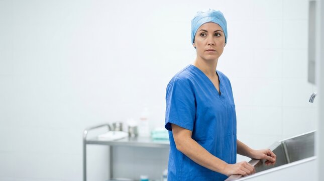 Female surgeon in blue scrubs and cap standing by a sink in a surgery prep area. Medical professional preparing for an operation in a sterile hospital room