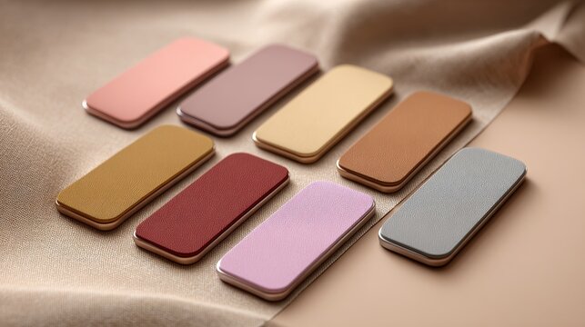 Collection of discreet bio-compatible health patches in various soft colors and textures, arranged on a smooth fabric surface