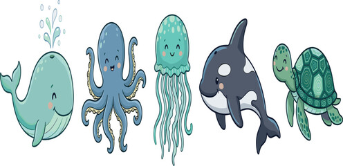 Cute cartoon ocean marine animals border set featuring happy whale octopus jellyfish orca and sea turtle vector illustration banner © Nesar