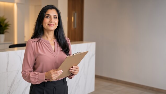 Professional woman holding a clipboard in a modern office reception. Receptionist standing by a marble counter with copy space. Healthcare or business staff member portrait