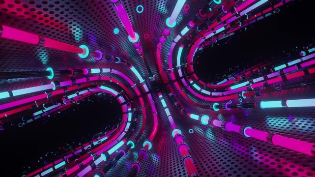 Hypnotic seamless loop of a futuristic geometric carousel. Abstract digital system made of curving light tracks, orbital particle pathways and grid metal textures, creating high technology background.