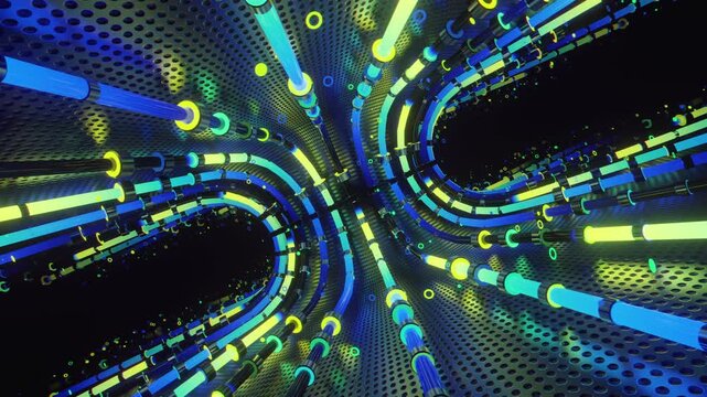 Hypnotic seamless loop of a futuristic geometric carousel. Abstract digital system made of curving light tracks, orbital particle pathways and grid metal textures, creating high technology background.