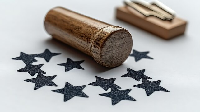 Wooden stamp, star-shaped confetti, and paper clips on white background, star confetti