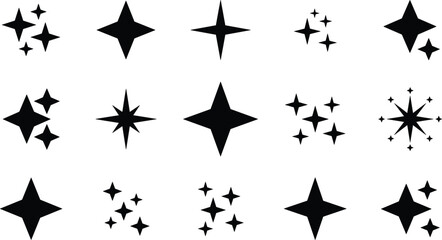 Sparkle and twinkle black star silhouettes icons set featuring magic glitter shining light effects vector elements.eps © MDAbulkalam