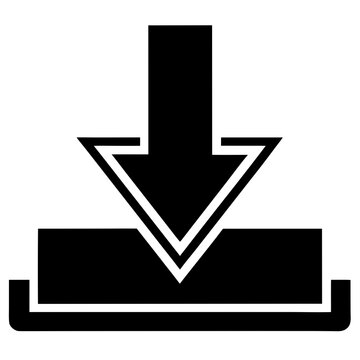 Black and white of a downward pointing arrow entering a document tray