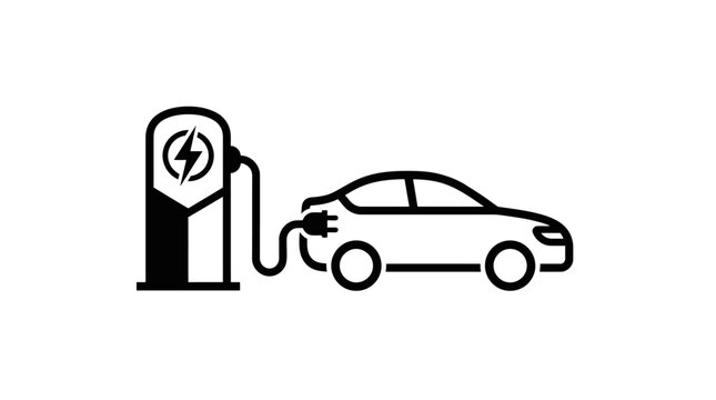 A minimalist black and white graphic illustration depicting an electric vehicle parked at a charging station terminal for energy replenishment