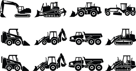 Construction Equipment Silhouette Icon Set with Excavators, Loaders, Bulldozers and Dump Trucks © Biplob Creators