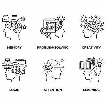Line art icons illustrating various cognitive functions like memory, problem-solving, creativity, logic, attention, and learning, representing mental processes.