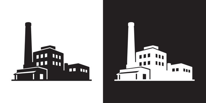 Minimalist Factory Silhouette with Tall Smokestack - Modern Industrial Plant Building Symbol, Simple Manufacturing Production Icon, and Clean Power Station Vector Graphic