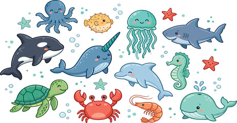 Cute cartoon ocean marine animals collection featuring whale shark dolphin orca narwhal jellyfish sea turtle crab and octopus vector illustration set © Nesar