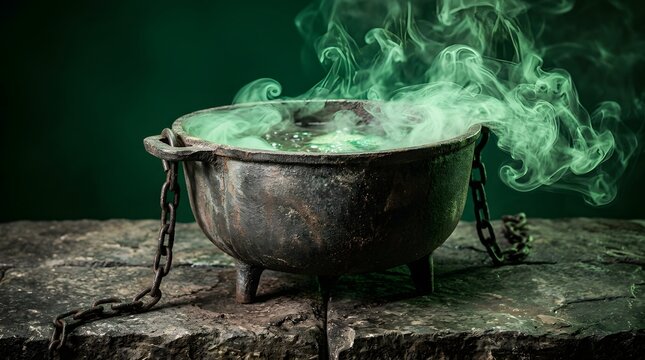 Witchs iron cauldron with bubbling green magic potion and smoke on a stone surface