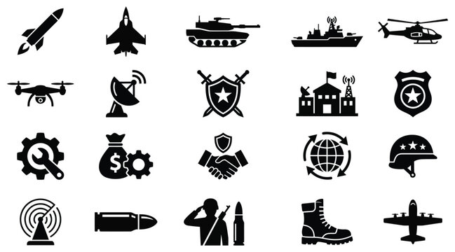 Military Icons Set Black Silhouette Shapes On White Background 