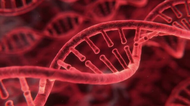 Close-up view of multiple red DNA double helix structures, representing genetics and molecular biology.