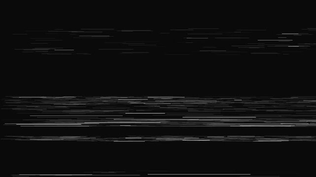 Analog glitch signal interference with horizontal white tracking lines flickering on black background for retro video transitions and aesthetic overlays.