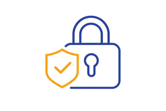Digital security lock with verification checkmark. Cyber protection shield icon for online safety and data privacy.