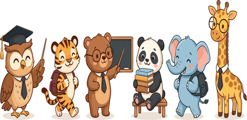 Cute cartoon animal teachers and students collection featuring owl bear giraffe tiger panda and elephant back to school vector illustration © Nesar