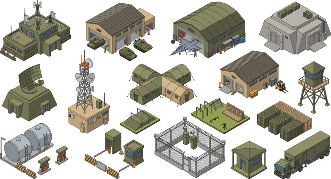 Military Base Isometric Vector Set with Barracks, Radar, Hangars and Security Infrastructure