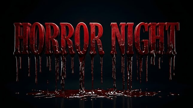 Horror night 3d text with dripping blood effect on a dark black background