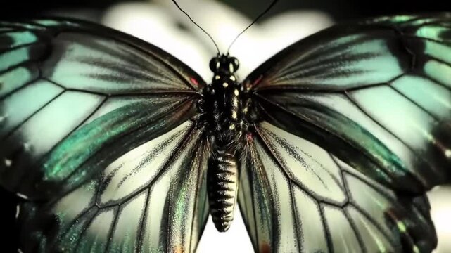 Top view macro of a butterfly with teal iridescent wings, black venation, and metallic reflections. Detailed symmetrical insect anatomy captured on a white background.