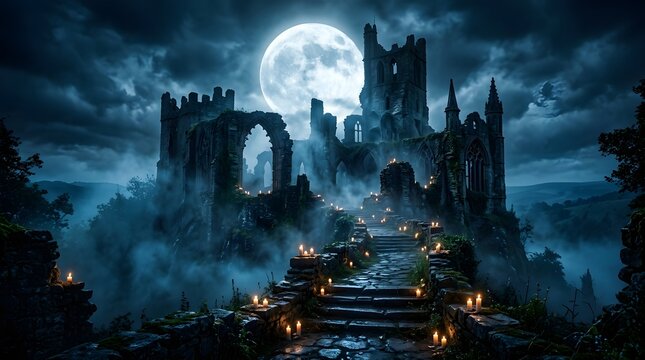 Eerie gothic castle ruins at night with glowing candles and full moon