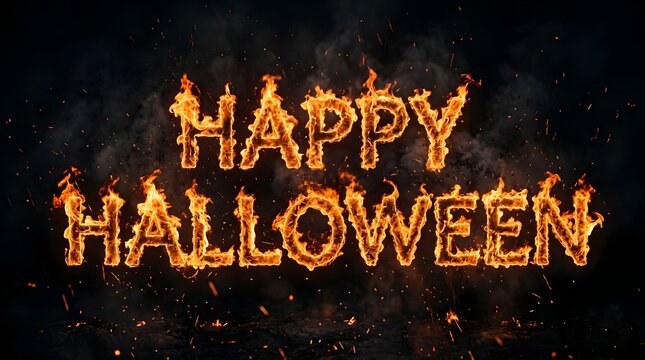 Happy halloween text made of bright orange flames and fire sparks on a dark background