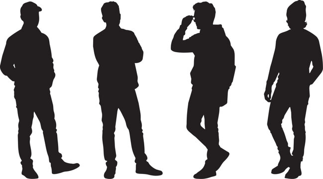 Four young men standing silhouettes in casual poses isolated on white background

Collection of four male silhouettes in different relaxed standing poses.