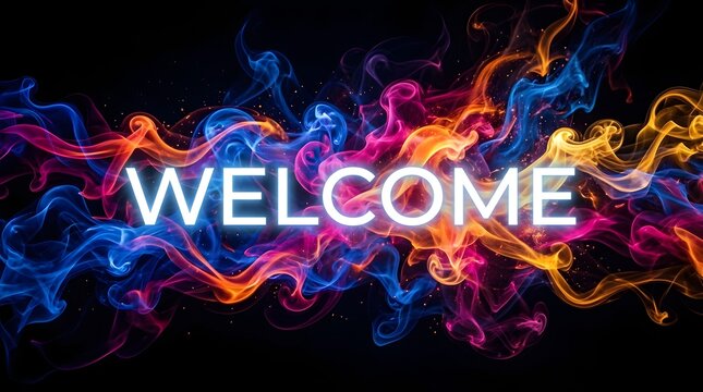 Welcome sign with colorful swirling smoke and fire effects on a black background