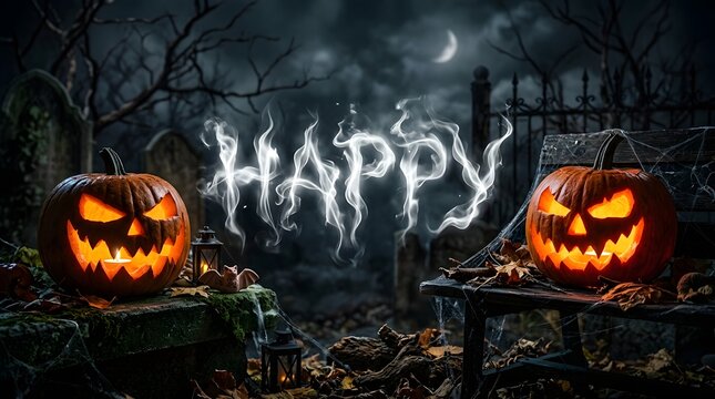 Happy text written in smoke with glowing jackolantern pumpkins in a spooky graveyard