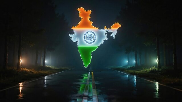 India national day concept illuminated map over wet road at night