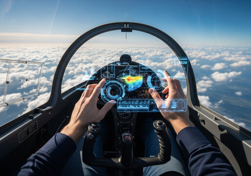 Pilot interacting with digital flight navigation interface in cockpit