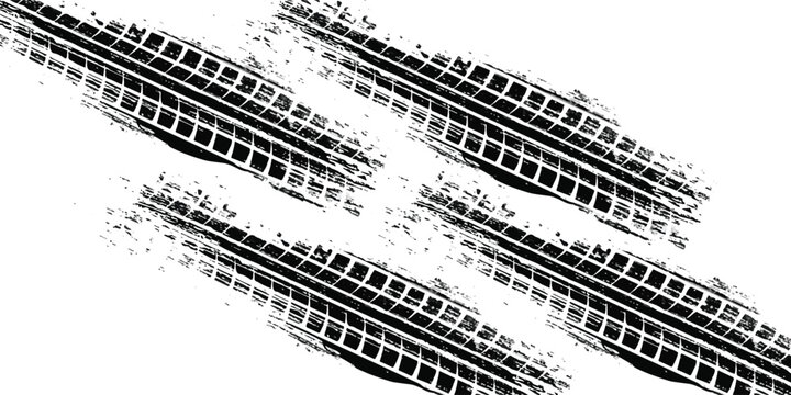 Tire tread marks, drift, motorsport, motocross, rally, tread mark with skid, grinding, splash effect. Graphic set of tire treads, wheel texture, car racing. Vector collection, wheel treads on asphalt