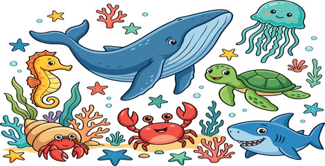 Cute cartoon ocean marine animals elements set featuring whale sea turtle shark jellyfish crab and seahorse vector illustration © Nesar