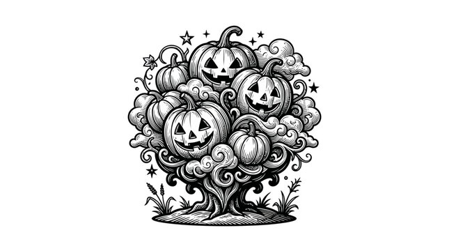 Pile of carved jack-o'-lantern pumpkins engraving.