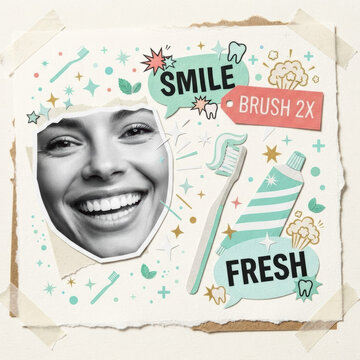 Dental care collage with bright smiling woman toothbrush toothpaste mint and brush 2x fresh lettering for oral hygiene design