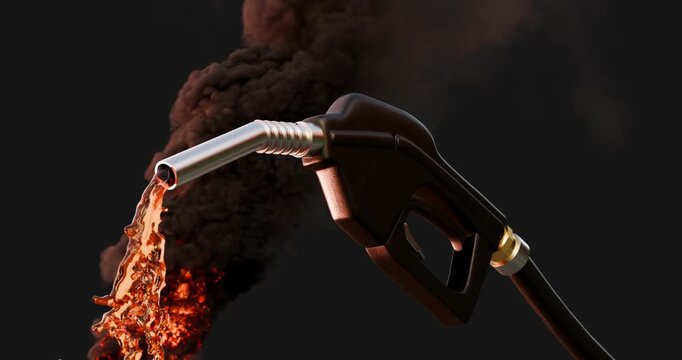 Photorealistic 3D animation of black fuel nozzle dispensing gasoline with dark toxic burning smoke