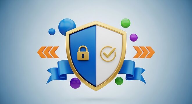 A 3D rendered shield, padlock, checkmark, arrows, and ribbons indicating safety and security