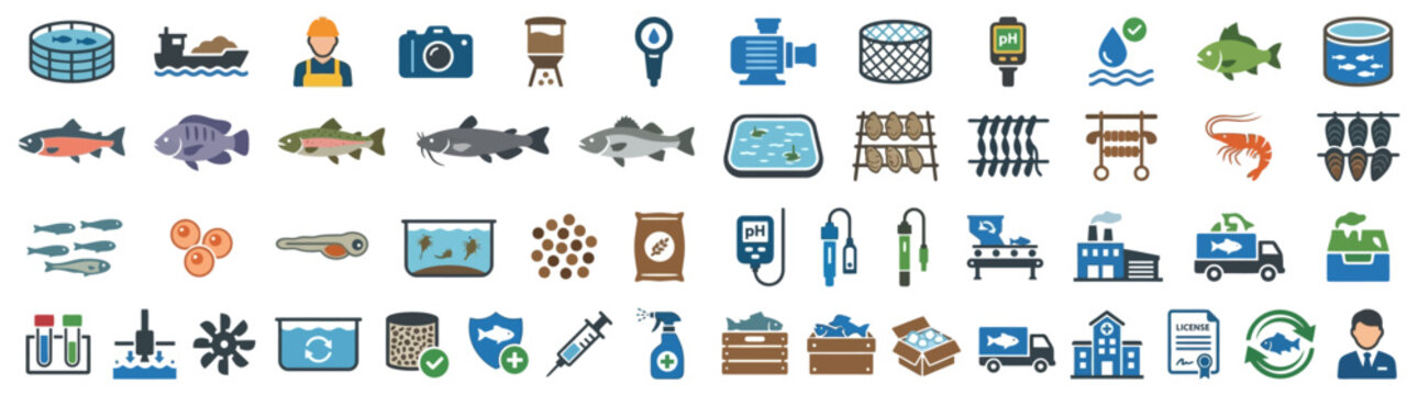 Set of Aquaculture and Fish Farming Flat Icons
