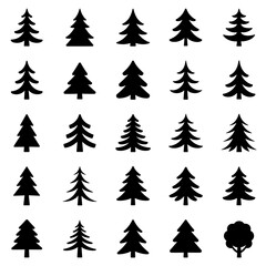 Obraz premium Pine Tree Icon Set Vector Illustration, Evergreen Fir Tree Silhouettes Collection, Conifer Forest Symbols, Christmas Trees, Nature Elements, Black Glyph Icons Isolated on White