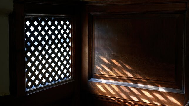 Wooden confessional booth interior with striped light through lattice, solemn church architecture