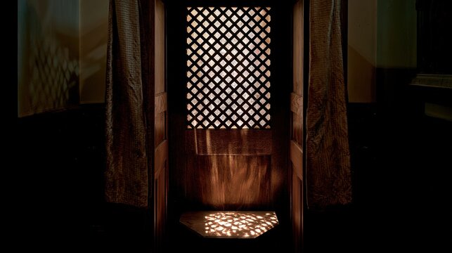 Vintage church confessional close-up with light through wooden grill, strong chiaroscuro, serene interior