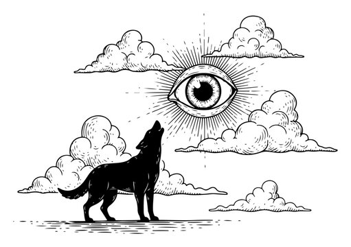 Wolf howling at mystical eye in cloudy sky in surreal engraving style