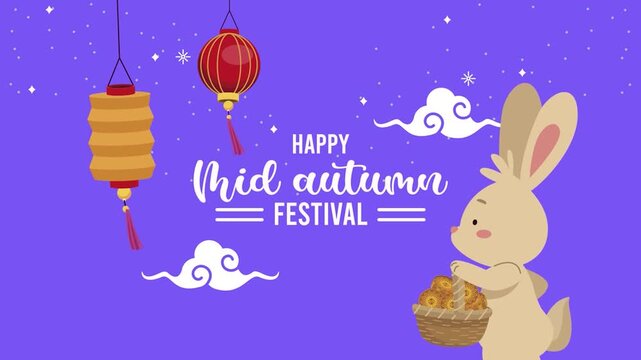 Cute rabbit holding a basket with mooncakes under colorful hanging lanterns in this festive animated mid autumn festival video clip