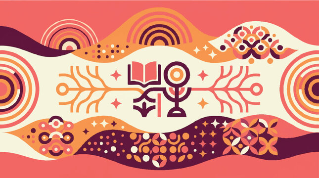 Abstract geometric pattern with book and nature icons in retro colors