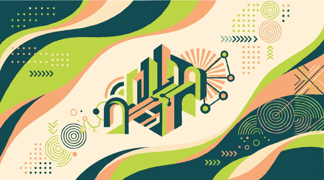 Abstract isometric geometric shapes composition with wavy modern patterns