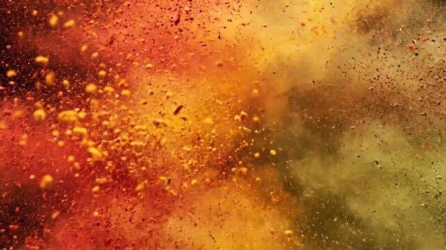 High-speed capture of vibrant multicolored spice and powder explosion featuring red, orange, yellow, and green clouds colliding against a black background in a radial burst pattern.