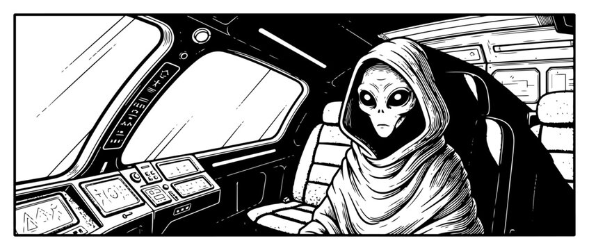 Hooded alien pilot sitting in spaceship cockpit in detailed sci-fi engraving style