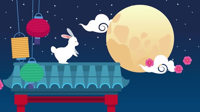White rabbit standing on traditional roof under glowing full moon with hanging oriental lanterns in this animated digital motion clip