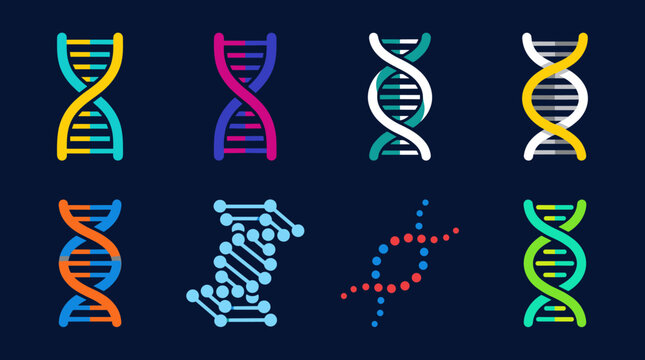 Collection of different double helix dna strands icons on dark blue background illustration.